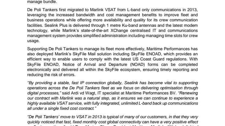 De Poli Tankers and Marlink renew multi-band satcom commitment 