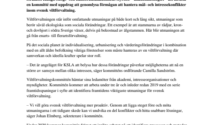 KSLA:s viltförvaltningskommitté synar hanteringen av mål- och intressekonflikter