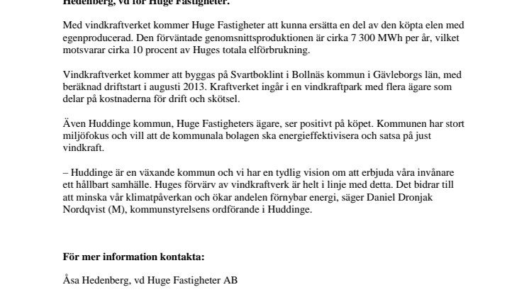 Huge Fastigheter köper vindkraftverk i Bollnäs