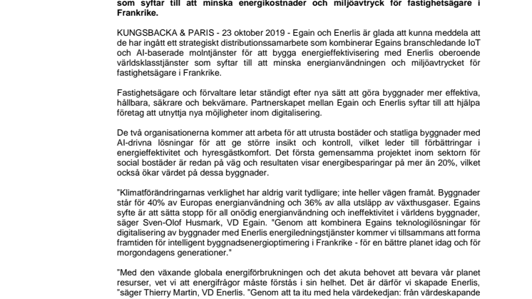 Egain och Enerlis tillkännager ett partnerskap för att hjälpa franska fastighetsägare att minska energianvändningen och miljöpåverkan.