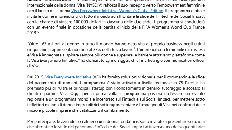 Visa lancia la prima gara globale per celebrare le donne imprenditrici 