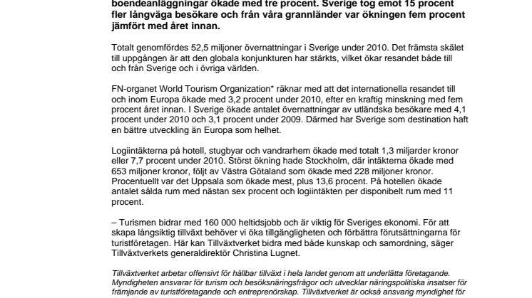Turiståret 2010: Starkare konjunktur gav fler långväga besökare