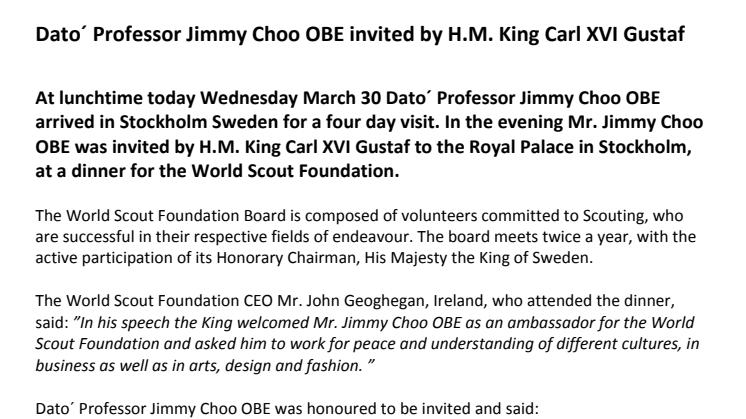 Dato´ Professor Jimmy Choo OBE invited by H.M. King Carl XVI Gustaf