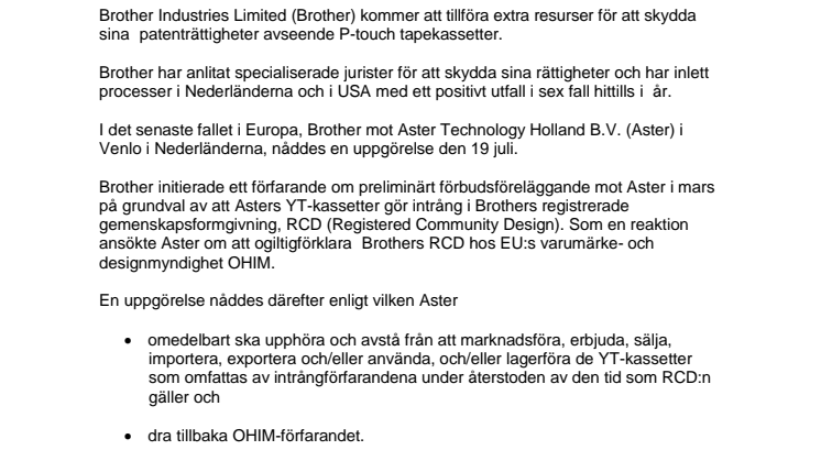 Brother skyddar sina rättigheter för P-touch tapekassetter