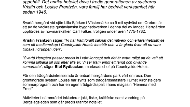 Svartå Herrgård tillbaka till Countryside Hotels