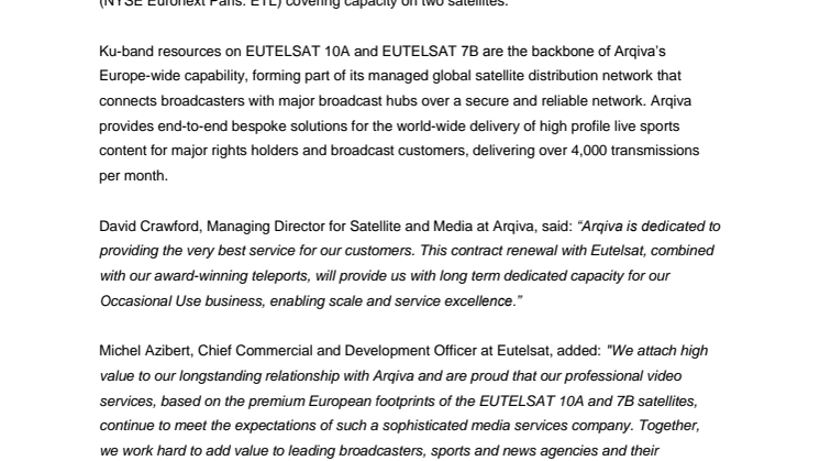 Arqiva secures capacity on two Eutelsat satellites for content contribution and distribution across Europe