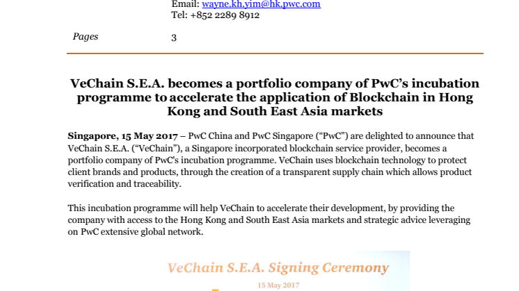 VeChain S.E.A. becomes a portfolio company of PwC’s incubation programme to accelerate the application of Blockchain in Hong Kong and South East Asia markets 