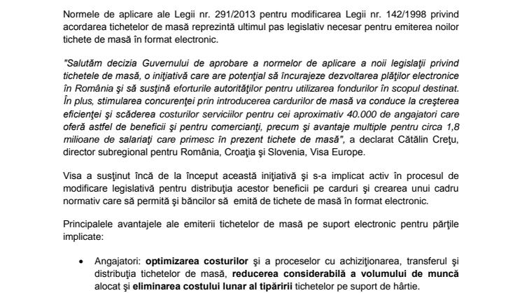 Visa Europe salută aprobarea normelor pentru acordarea tichetelor de masă şi pe carduri  