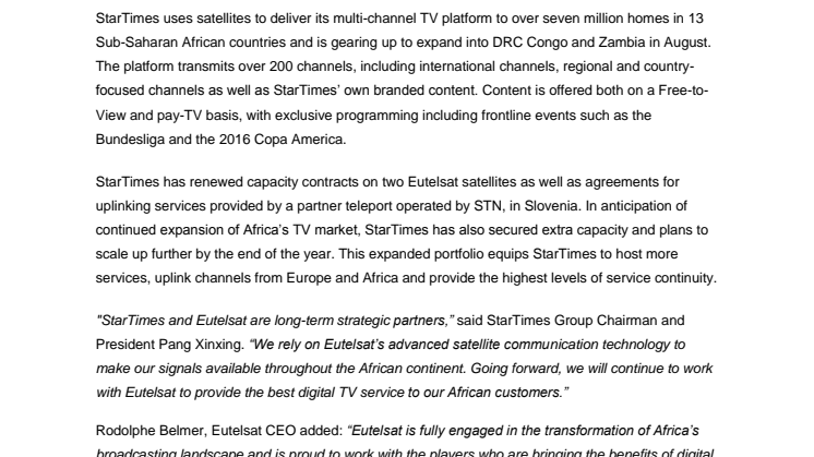 StarTimes steps up capacity with Eutelsat for DTT broadcasting in Africa