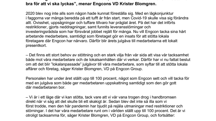 Engcon stöttar lokalt i jul  – personalen får julgåva som stöttar den lokala orten 