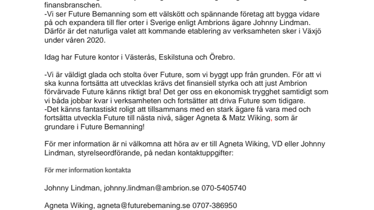 Ambrion Holding AB har förvärvat Future Bemanning Sverige AB