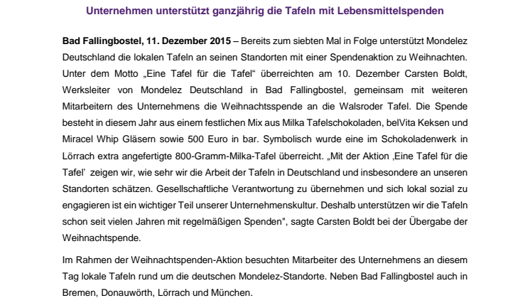 „Eine Tafel für die Tafel“ – Mondelez Deutschland überreicht Weihnachtsspende an Walsroder Tafel
