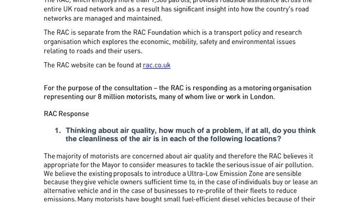 RAC response to the Mayor of London's proposals to improve air quality