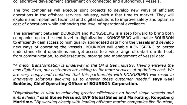 Kongsberg Maritime: ​BOURBON and Kongsberg Maritime strengthen their collaboration in digital solutions for next generation connected vessels