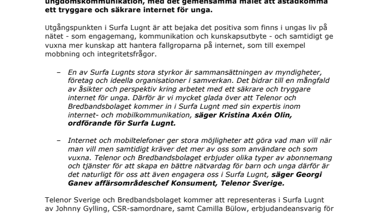 Telenor och Bredbandsbolaget nya samarbetspartners i Surfa Lugnt