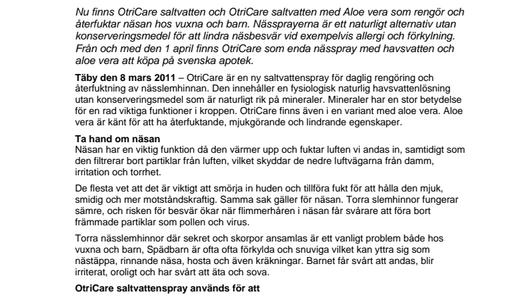 Nyhet på svenska apotek: OtriCare – den första naturliga nässprayen med havsvatten och aloe vera