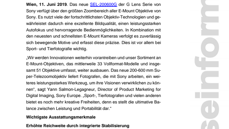 SEL-200600G: Sony kündigt neues Super-Telezoom-Objektiv an 