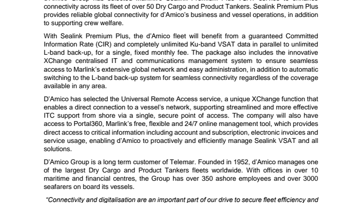 Marlink: D’Amico Group chooses Sealink Premium Plus VSAT for completely unlimited global connectivity