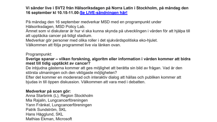MSD Policy Lab från Hälsoriksdagen direktsänds i SVT