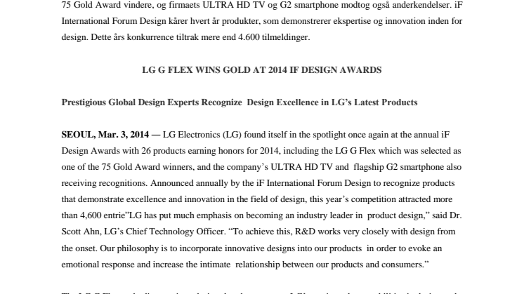 LG VINDER 26 AWARDS VED IF DESIGN AWARDS 2014 INKLUSIV GULD AWARD  TIL LG G FLEX