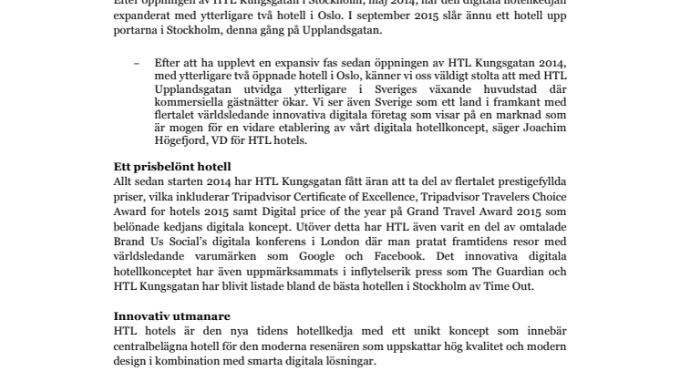 Den digitala hotellrevolutionen fortsätter – HTL öppnar sitt andra hotell i Stockholm 