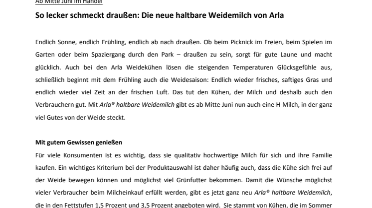 So lecker schmeckt draußen: Die neue haltbare Weidemilch von Arla