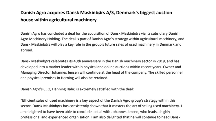 Danish Agro köper Dansk Maskinbørs A/S