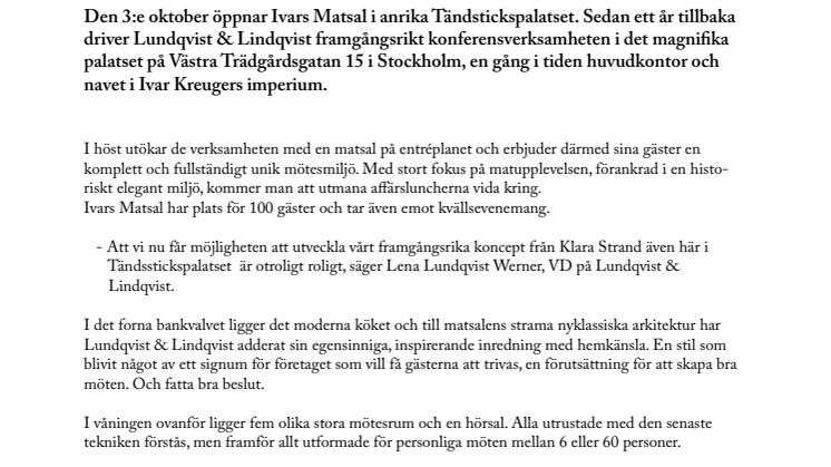 Ivars matsal fulländar konferensmiljön på Tändstickspalatset