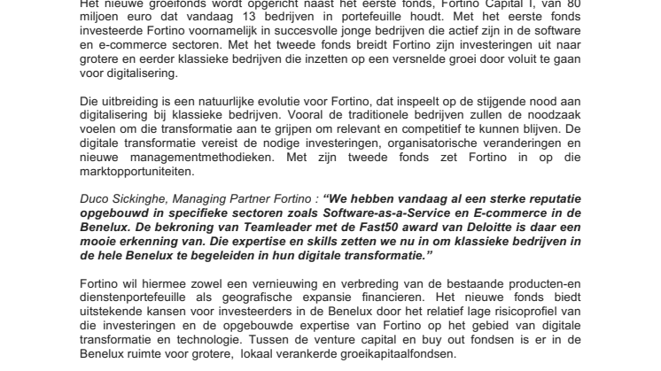 Fortino Capital Partners lanceert tweede fonds in Benelux voor digital growth investeringen