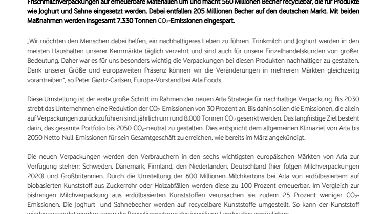 Mehr Nachhaltigkeit: Arla stellt europaweit über eine Milliarde Verpackungen um