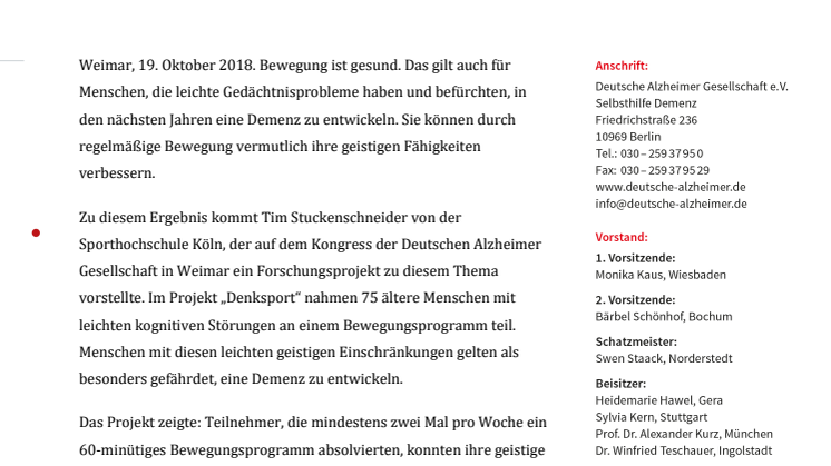 Kongress der Deutschen Alzheimer Gesellschaft in Weimar:  Bewegung kann gegen Demenz helfen