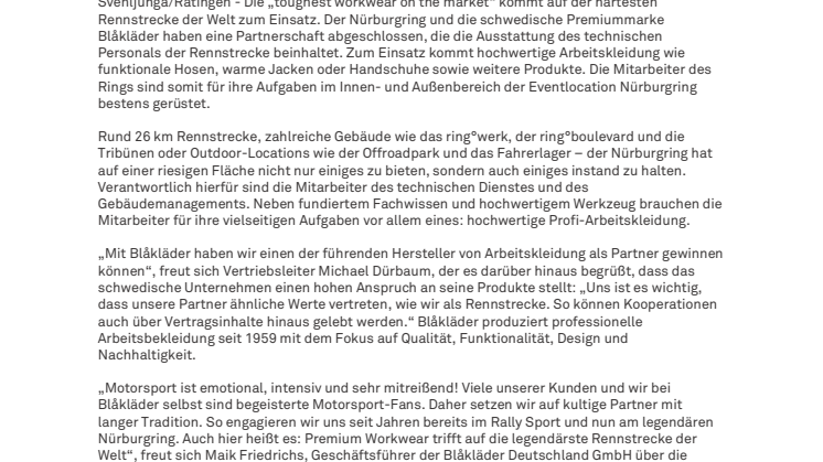 Blåkläder wird offizieller Workwear-Partner des Nürburgrings