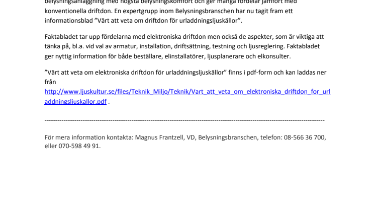 Nytt faktablad om elektroniska driftdon för urladdningsljuskällor