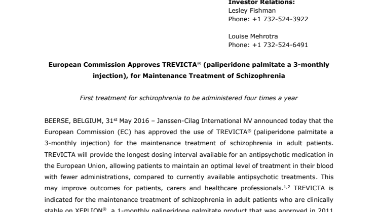 European Commission Approves TREVICTA® (paliperidone palmitate a 3-monthly injection), for Maintenance Treatment of Schizophrenia
