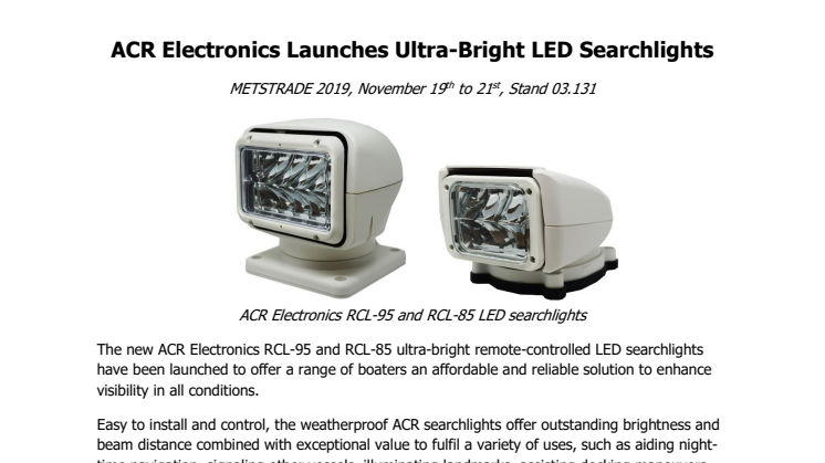 ACR Electronics Launches Ultra-Bright LED Searchlights