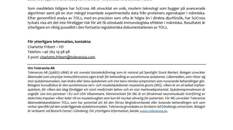 Toleranzia AB rapporterar framgångsrik immuntoxikologisk studie