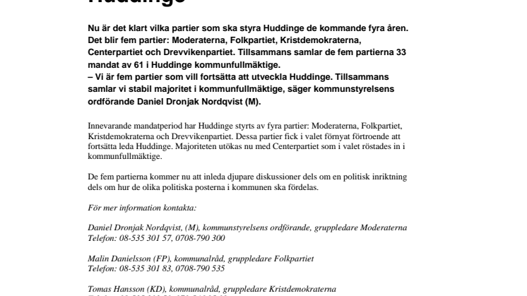 Borgerlig majoritet ska leda Huddinge