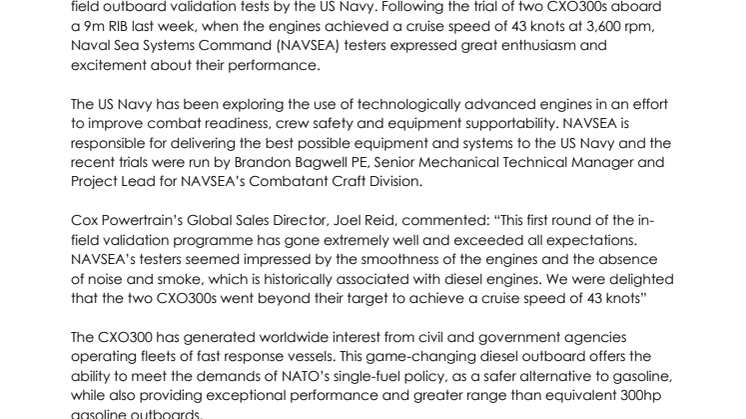 Expectations Surpassed During Successful First Round of US Navy Tests on Cox Powertrain’s CXO300 Diesel Outboards