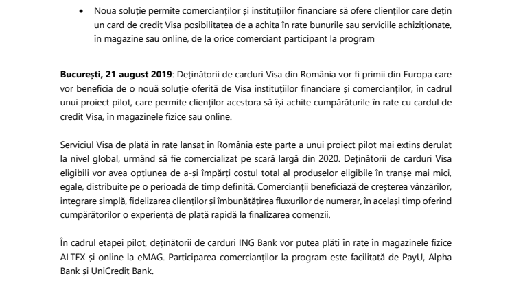 Băncile și comercianții din România pot oferi deținătorilor de carduri de credit Visa opțiunea de plată în rate