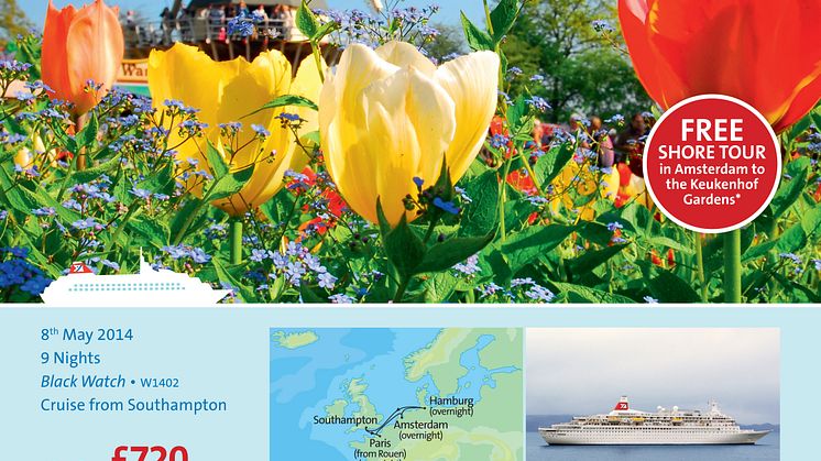 Getaway this spring on Fred. Olsen Cruise Lines ‘Bright Lights and Overnights’ cruise with the addition of a FREE shore tour in Amsterdam