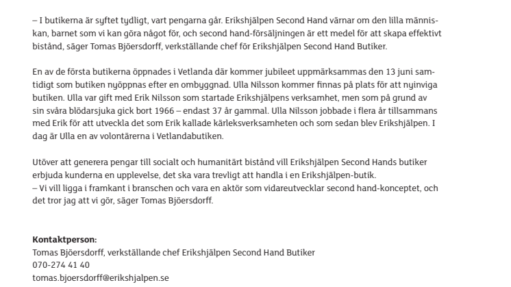 25-årsjubileum för Erikshjälpen Second Hand