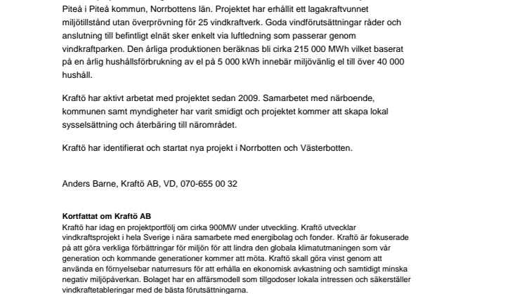 Kraftö Vind säljer 75 MW vindkraftsprojekt