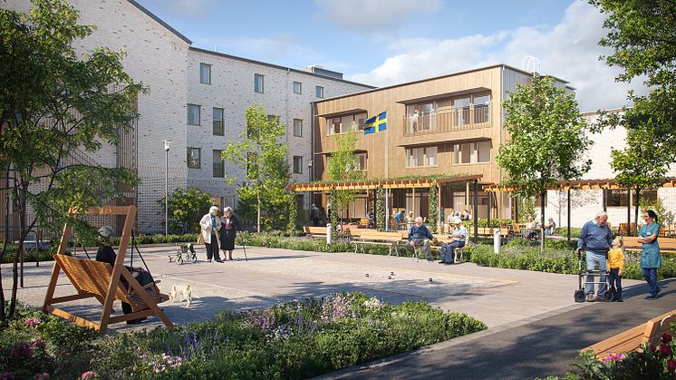 Ranagårds äldreboende med tema "Husdjur" är ett uppdrag som Fredblad arkitekter gör för Halmstads kommun. Visualisering: Visulent