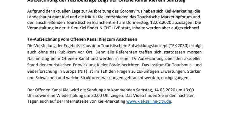 EILT: Absage des Touristischen Marketingforums in Kiel