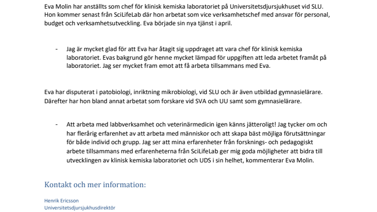 Eva Molin ny chef för klinisk kemiska laboratoriet på Universitetsdjursjukhuset vid SLU