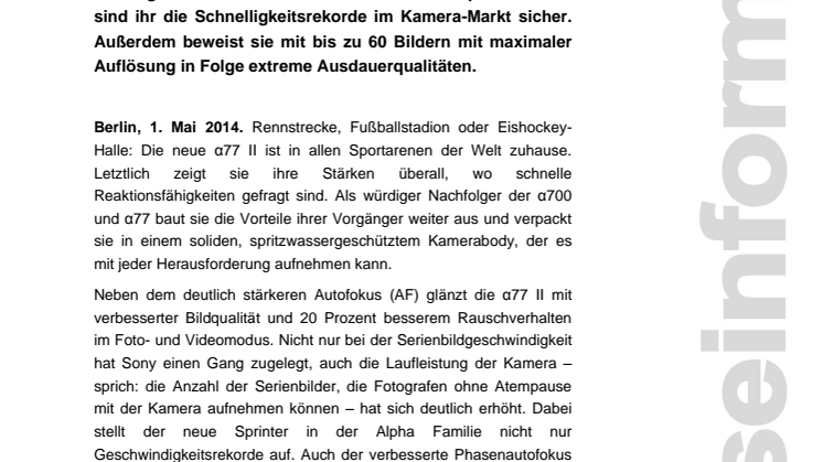 Immer im Fokus: Der neuen Kamera α77 II von Sony entgeht kein Detail