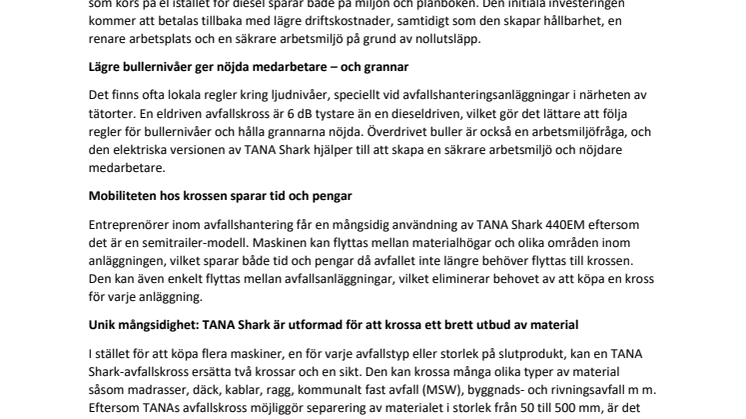 ZERO EMISSIONS -TANAs nya elektriska avfallskross vid Svenska Maskinmässan 2018