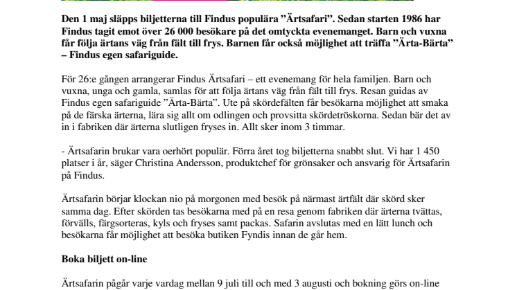 1 maj släpps biljetterna till sommarens Ärtsafari
