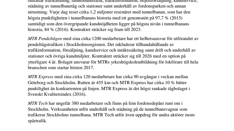 Fakta om verksamhetsområden inom MTR Nordic
