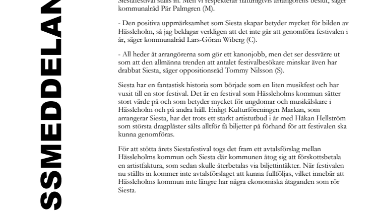 ”Stor förlust för Hässleholm att Siestafestivalen ställs in”